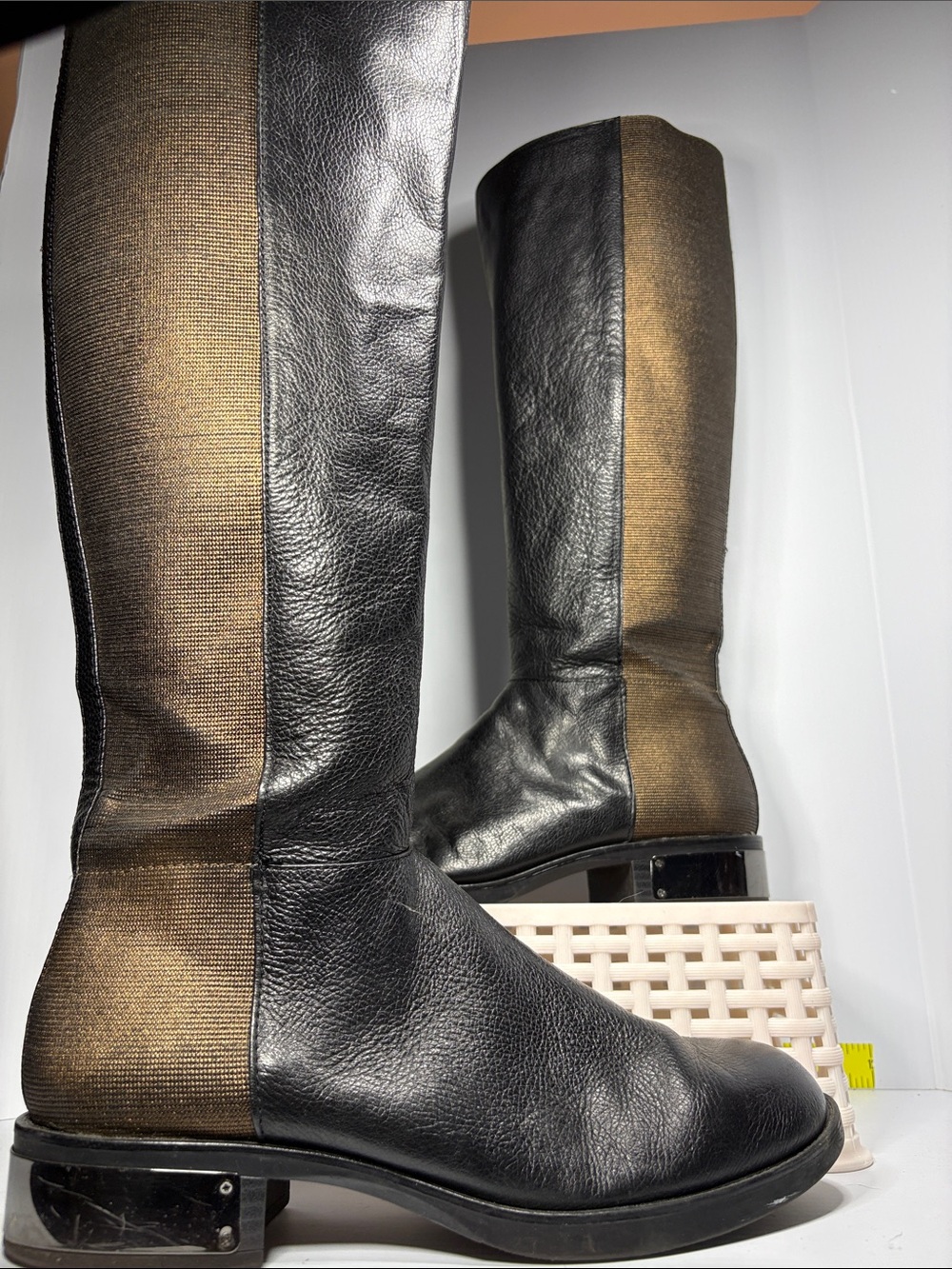 Black and Bronze Two-Tone Knee-High Leather Boots slightly stretchy. Box 29